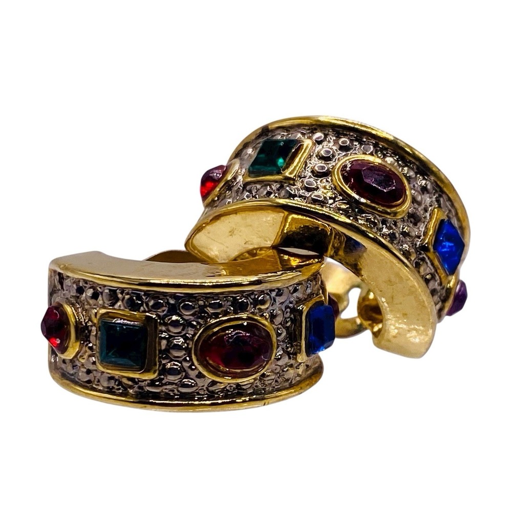 Vtg Chunky Gold-Silver Tone Half Hoop Multi Color Rhinestones Clip On Earrings